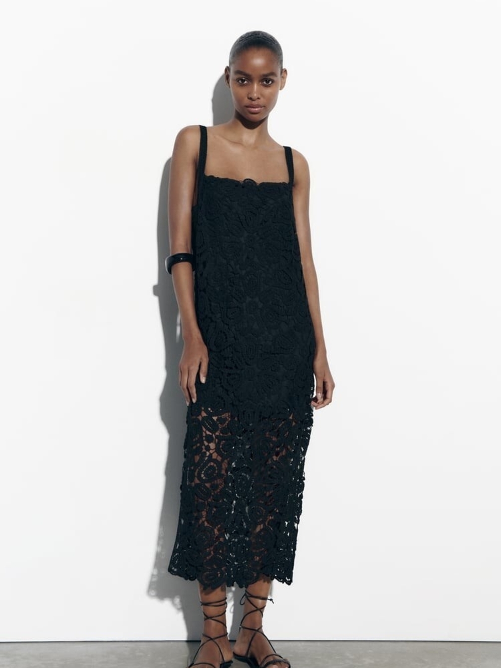 Zara Black Floral Lace Midi Dress with Straps